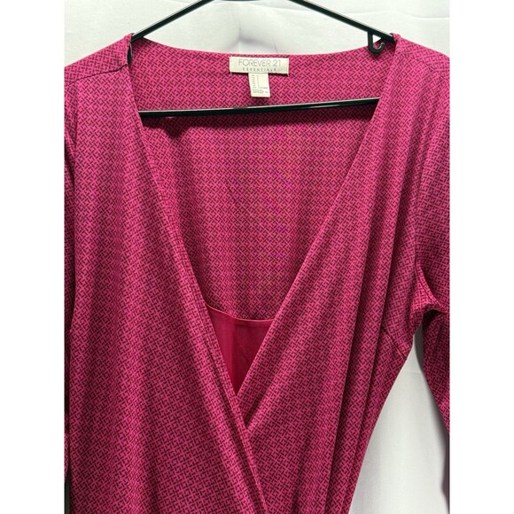 Forever 21 Dress Size L Pink Geometric Print 3/4 Sleeve True Wrap V-neck Lined - Picture 6 of 8